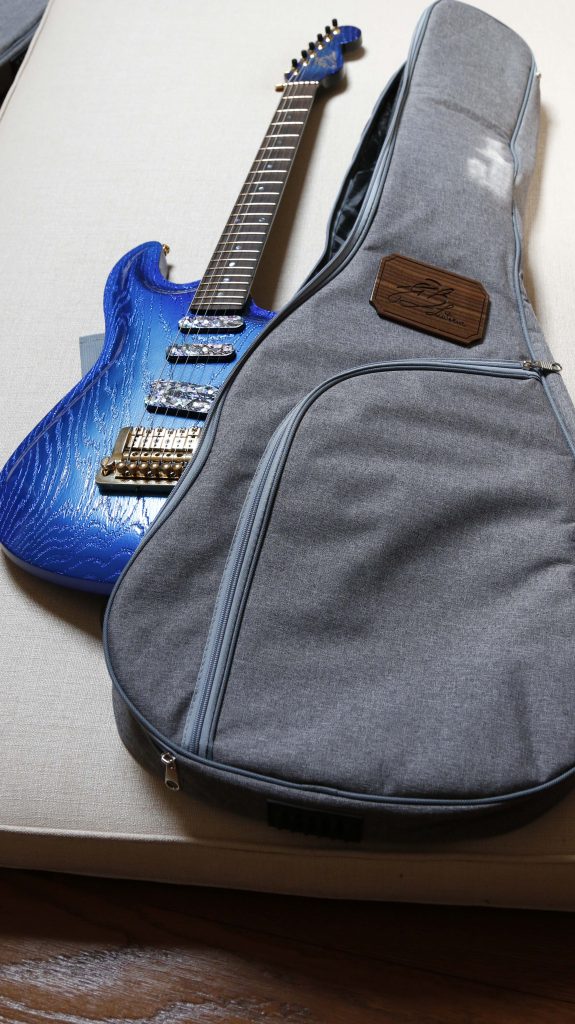 Chitarra Boutique Petra 6 corde colore blu cromo lucido top in rovere sabbiato selezionato con carved foto case morbido con targhetta GB Liuteria
