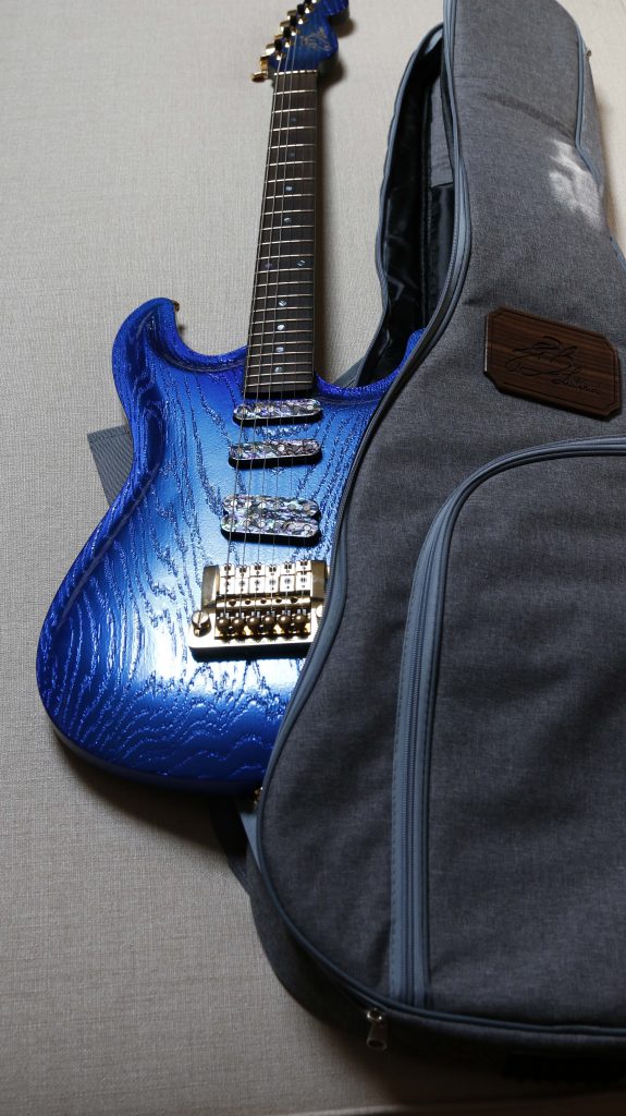 Chitarra Boutique Petra 6 corde colore blu cromo lucido top in rovere sabbiato selezionato con carved foto case morbido