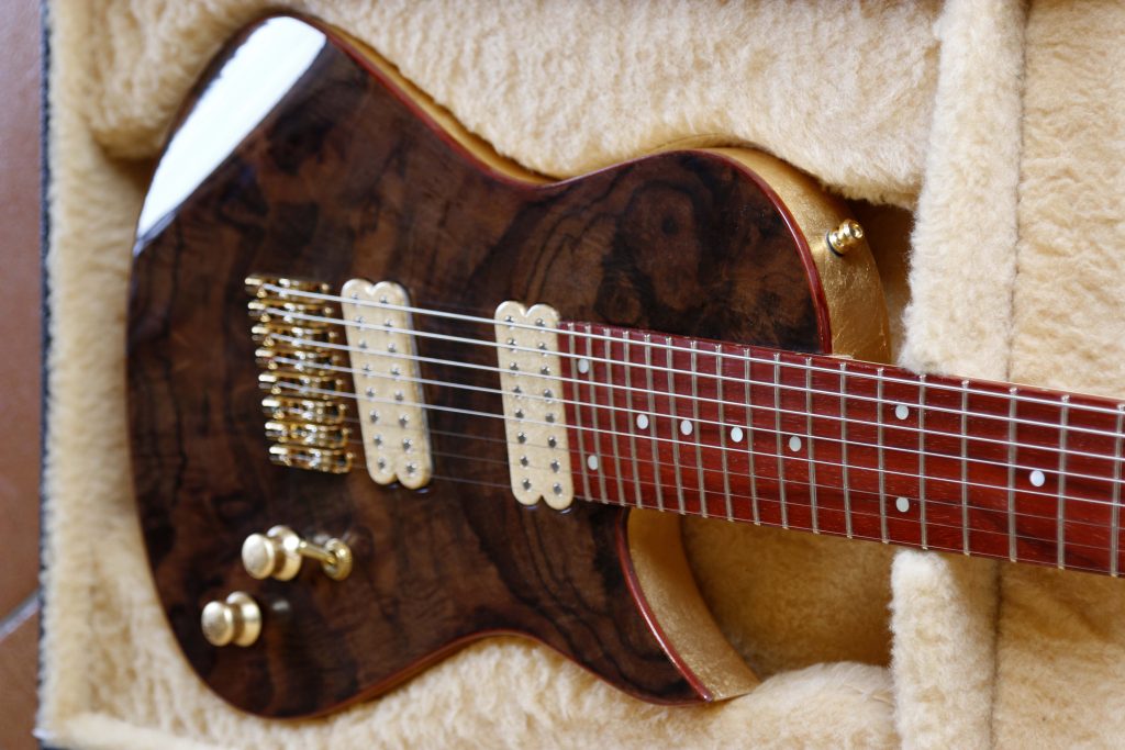 chitarra kapooya 8 corde fanned body in radica di noce tastiera e binding in padouk foto inclinata